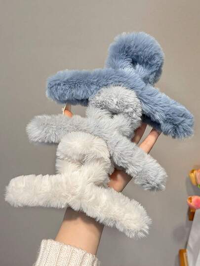 3 件套女士毛绒发夹和发夹套装，大尺寸，白色/灰色/蓝色，时尚百搭，适合冬季服装可爱，多巴胺发夹发夹发夹发夹接发夹，秋季，学校用品，大学秋季发夹爪夹发饰女士度假装扮女士