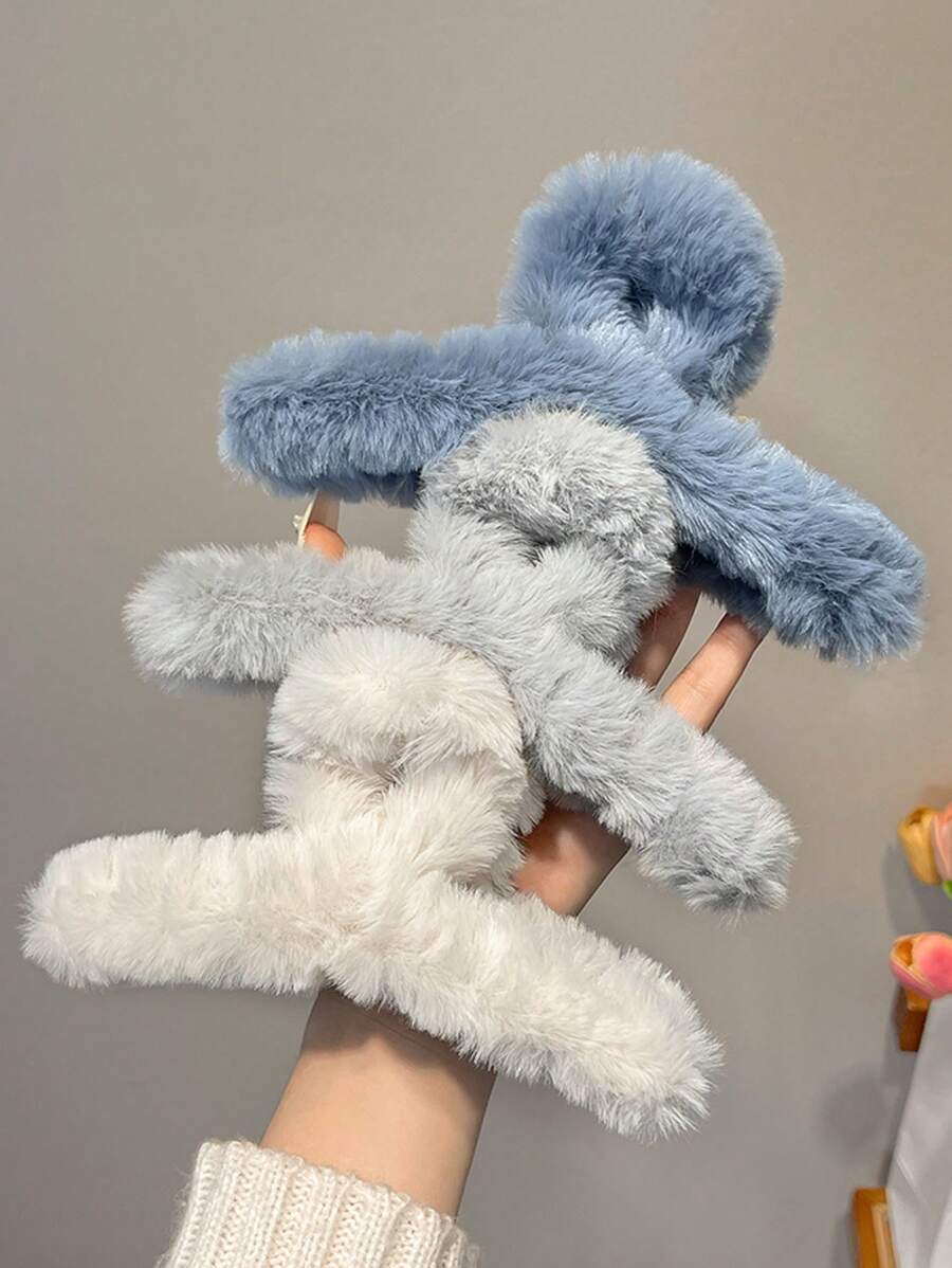 3 件套女士毛绒发夹和发夹套装，大尺寸，白色/灰色/蓝色，时尚百搭，适合冬季服装可爱，多巴胺发夹发夹发夹发夹接发夹，秋季，学校用品，大学秋季发夹爪夹发饰女士度假装扮女士