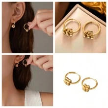 1 件鍍金不銹鋼幾何花卉幸運四葉草心形耳環和圈形耳環,男女通用,適合街頭佩戴、日常通勤、派對、情侶佩戴