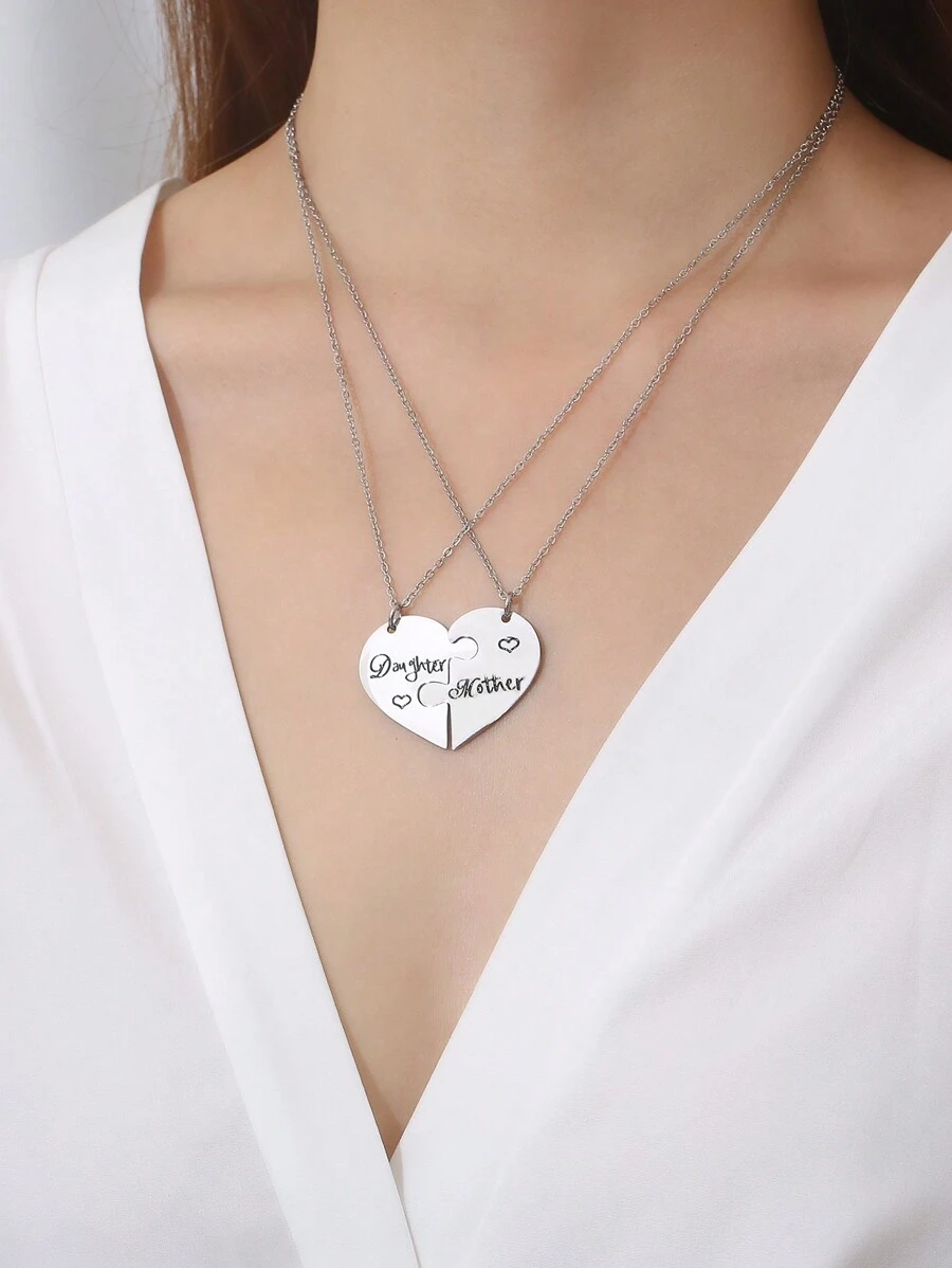 2 件/套創意時尚母女字母心型拼圖吊墜項鍊母親節感恩節禮物 - 銀色 - 查看 1
