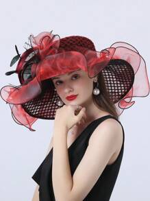 HIMESPORT 紅色絲綢禮帽女士婚禮禮帽優雅寬邊費多拉肯塔基德比帽茶會帽 - 紅色 - 查看 5
