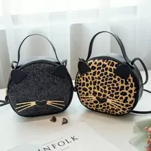 1pc Girls' New Leopard Print Bag, PU Leather Cat Phone Pouch, Cute & Fashionable Small Round Bag, Great Gift - Black - View 5