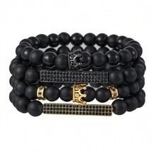 4pcs Simple & Uncommon Design Matte & Shiny Black Beads & Crown Elastic Bracelet Set - Multicolor - View 6