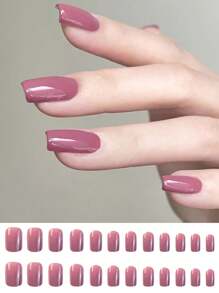 24 件優雅純色系列短方形閃亮指甲貼美甲貼花帶膠水和美甲棒,適合旅行、休閒、派對、日常穿著