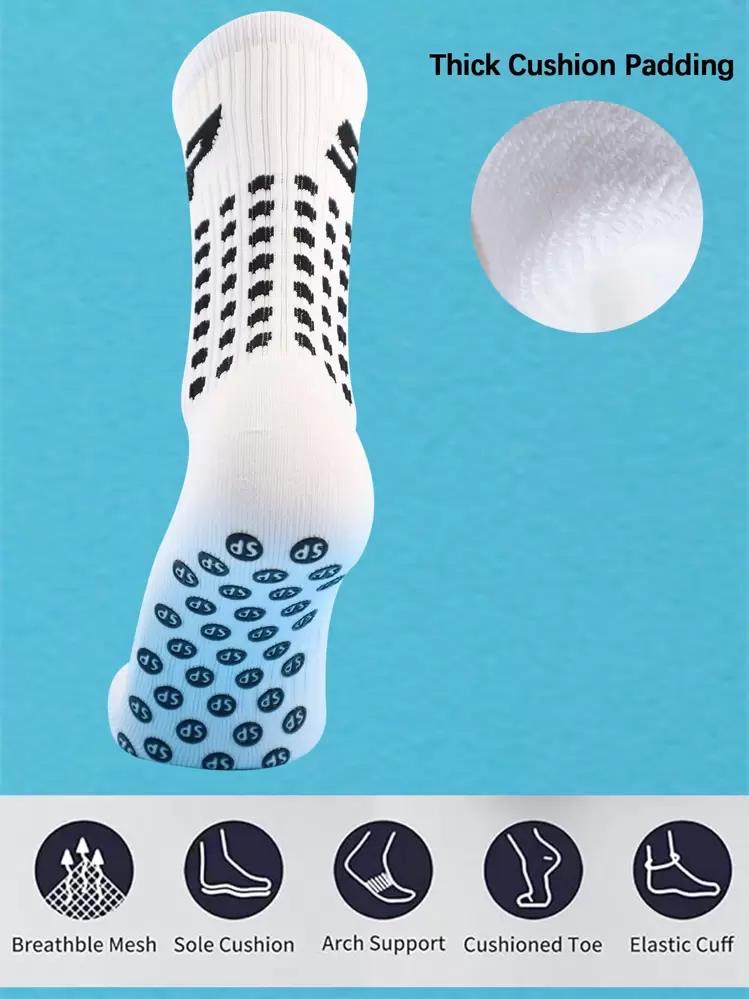 FLSHMCEN 1 par de calcetines deportivos para hombre para fútbol, baloncesto y otros deportes con almohadillas antideslizantes y sujetadores - Blanco - Ver 3