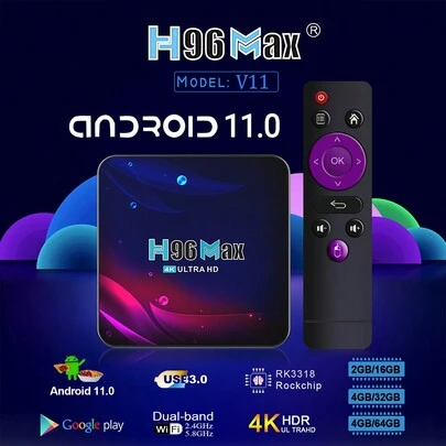 H96max V11智慧電視盒,android 11 Rk3318四核中央處理器,支援4k視頻解碼,bt 4.0媒體播放器套裝盒(歐洲版插頭)
