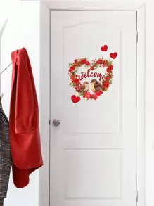 1入情人節玫瑰花花環,愛心&英文歡迎詞&小鳥設計門貼,傢俱裝飾壁貼