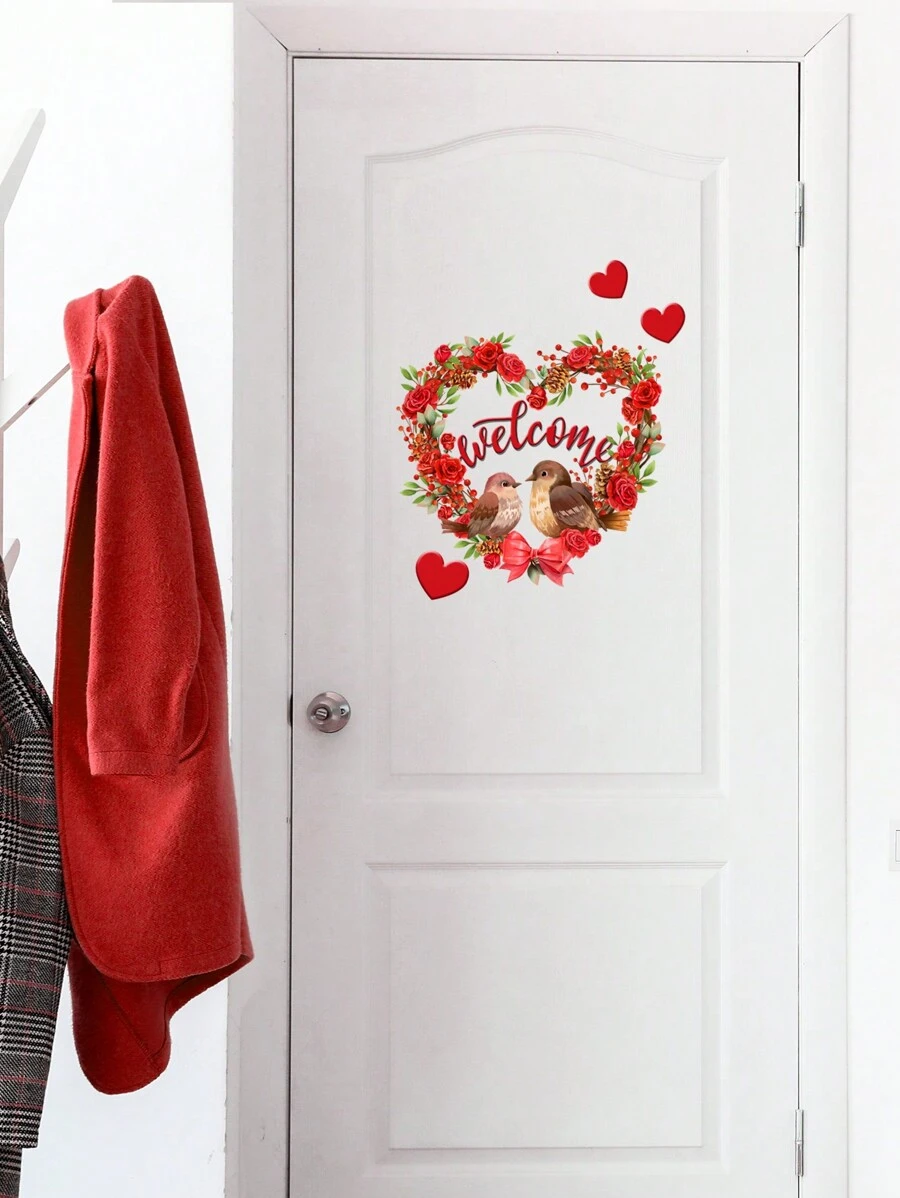 1入情人節玫瑰花花環,愛心&英文歡迎詞&小鳥設計門貼,傢俱裝飾壁貼