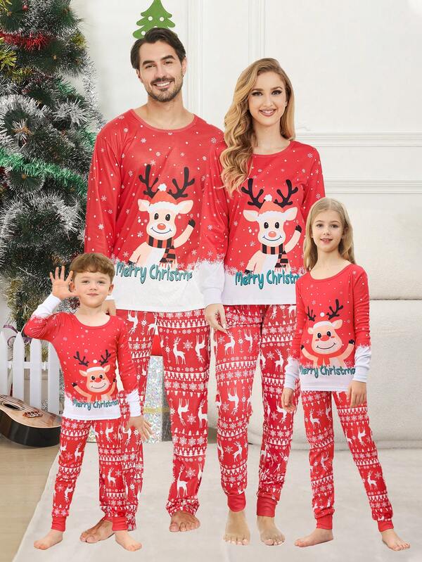2pcs/Set Girls Christmas Family Matching Snug Fit Pajamas, Round Neck Cute Reindeer & Snowflake Print Long Sleeve Top And Long Pants Comfy Loungewear Set