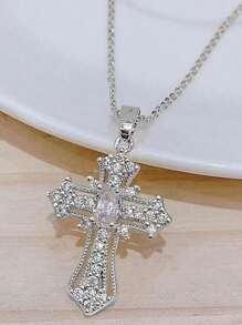 1pc Men's Gold Plated Rhinestone-encrusted Cross Necklace - Yellow Gold - View 9