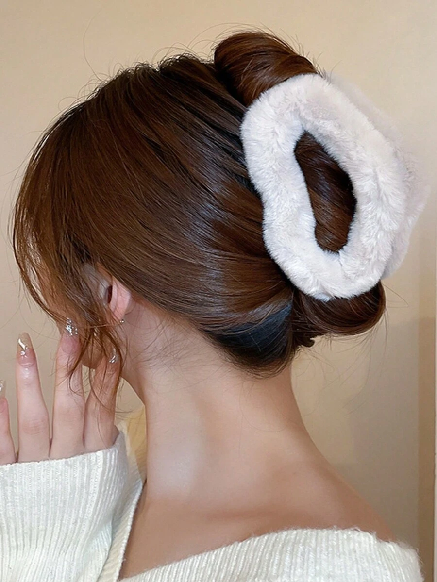 1入實色毛絨秋冬髮夾 - 白色 - 查看 1