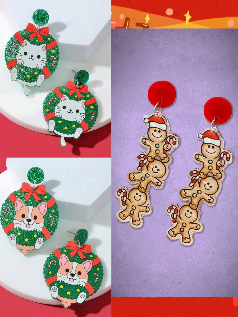 1 對可愛卡通紅色蝴蝶結薑餅卡哇伊小貓耳環小狗耳環時尚亞克力節日珠寶吊墜耳環適合女孩作為送給家人和朋友的禮物