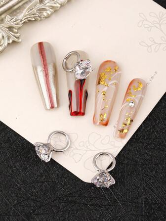 3Pcs/Pack Silver Luxurious Style Ring Nail Art Decoration With Copper And Pointed Base Settings, High-End And Exquisite, Suitable For Nail Art Light Luxury And Simple Style Nail Drill, Three-Dimensional Nail Metal Flash Drill, Alloy Metal Texture Diy Nail Decoration, Nail Rhinestone Fake Nail Decoration Accessories Nail Charms Nail Supplies Nail Gems Nails