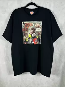 Camiseta Unisex de hombros caídos con Estampado de Historieta Miko Young - Negro - Ver 1