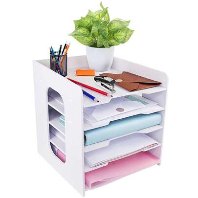 WELDMON Organizador de Escritorio, Bandeja de Almacenamiento de Papel Multicapa, Soporte Organizador de Plumones Documentos de Archivo Blanco Multifuncional para Oficina, Hogar, Escuela (4 Capas)