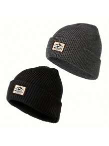 2入組黑色+灰色野生生物標誌無性別針織帽,y2k風格的冬季滑雪無邊帽,適用於戶外、寒冷天氣和日常通勤 - 彩色 - 查看 1