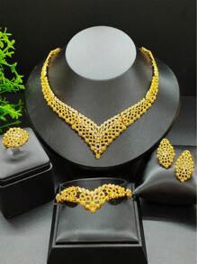 4 件奢华花朵设计全水钻 24k 镀金女士珠宝套装包括项链、手链、耳环和戒指，适用于婚礼、派对、周年纪念、生日、母亲节、情人节礼物等。情人节 - 金黃色 - 查看 13