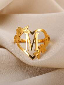 1pc Fashionable Gold Stainless Steel Flower Shaped Open Ring With Letter, Heart For Ladies, Wedding, Jewelry, Valentine'S Day Gift - Gold - View 6