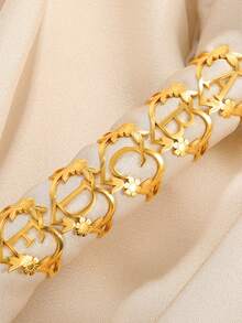 1pc Fashionable Gold Stainless Steel Flower Shaped Open Ring With Letter, Heart For Ladies, Wedding, Jewelry, Valentine'S Day Gift - Gold - View 1
