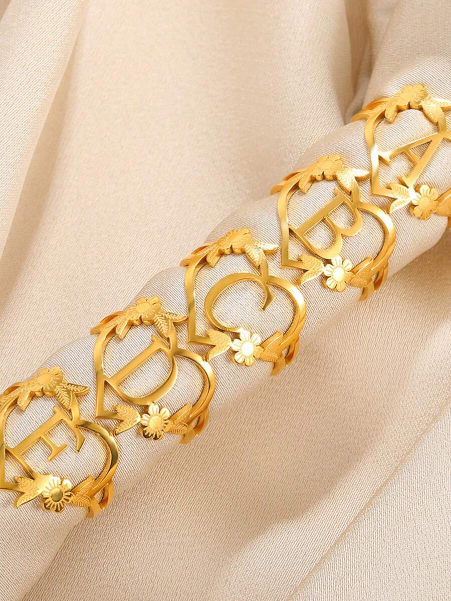 1pc Fashionable Gold Stainless Steel Flower Shaped Open Ring With Letter, Heart For Ladies, Wedding, Jewelry, Valentine'S Day Gift - Gold - View 1