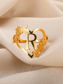 1pc Fashionable Gold Stainless Steel Flower Shaped Open Ring With Letter, Heart For Ladies, Wedding, Jewelry, Valentine'S Day Gift - Gold - View 8