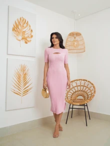 Vestido Midi De Tricot De Modal Acanalado Ajustado Con Abertura Frontal Y Abertura Lateral, Elegante Vestido De Tricot - Rosa Pálido - Ver 8