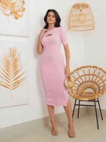 Vestido Midi De Tricot De Modal Acanalado Ajustado Con Abertura Frontal Y Abertura Lateral, Elegante Vestido De Tricot - Rosa Pálido - Ver 4