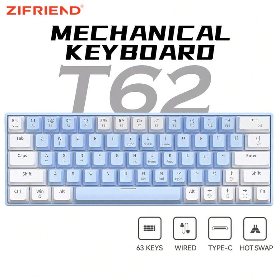 Zifriend T62機械鍵盤63鍵藍/紅軸彩虹背光可換裝