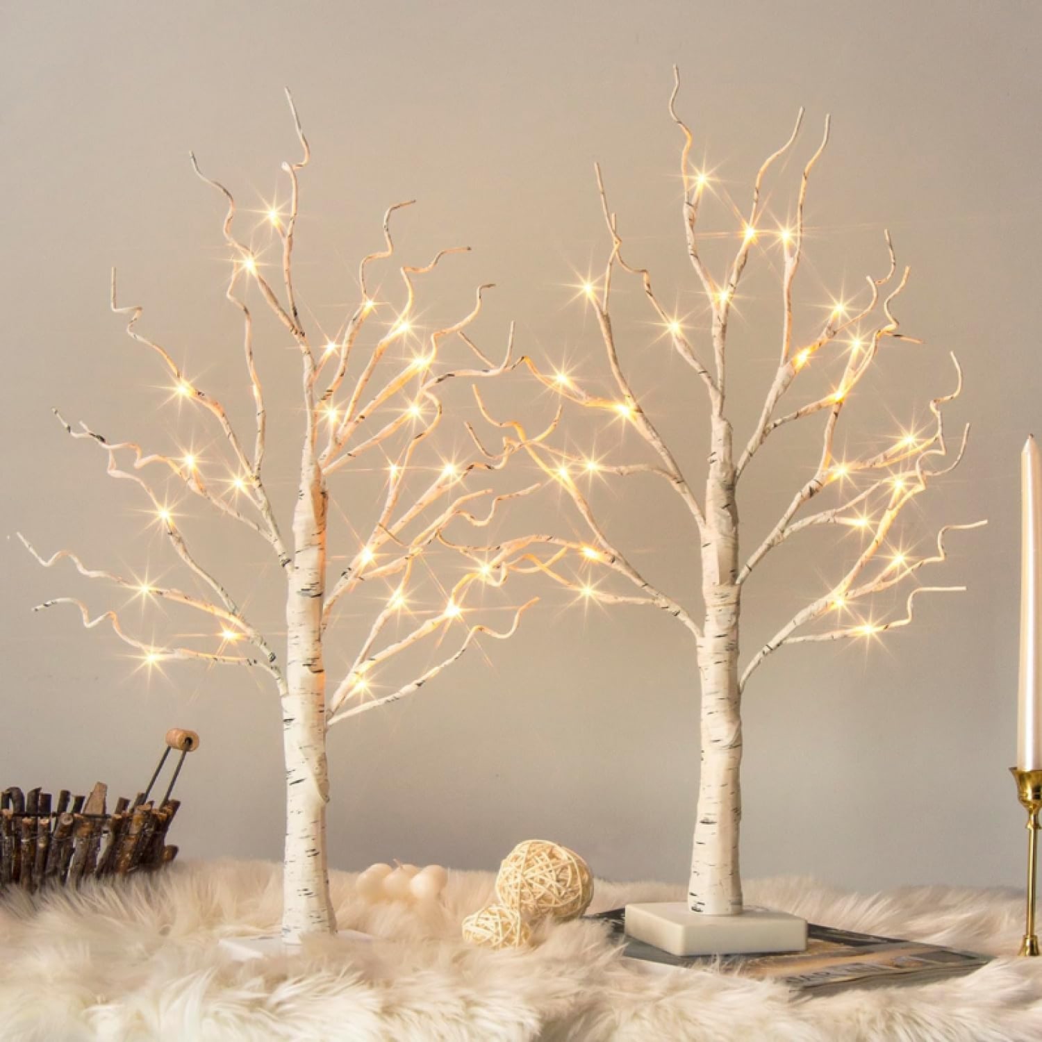 Christmas Tree, White Birch Tree with LED Lights Set of 2, Warm White