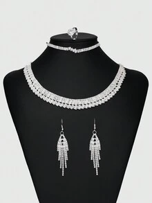 1 件時尚水鑽裝飾開口戒指帶耳環和項鍊套裝適合女士日常佩戴 - 銀色 - 查看 1
