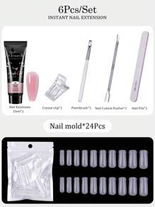 15ml Pink Crystal Nail Extension Gel, 6pcs/Set With Dual-Ended Nail Brush And Nail Form Sticker, Quick Building And Long Lasting Effect - Pink - View 3