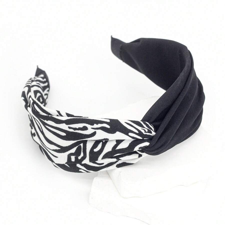 1 件黑白女豹紋和條紋設計交叉結寬髮帶,復古簡約風格,適合戶外佩戴 - 黑與白 - 查看 1