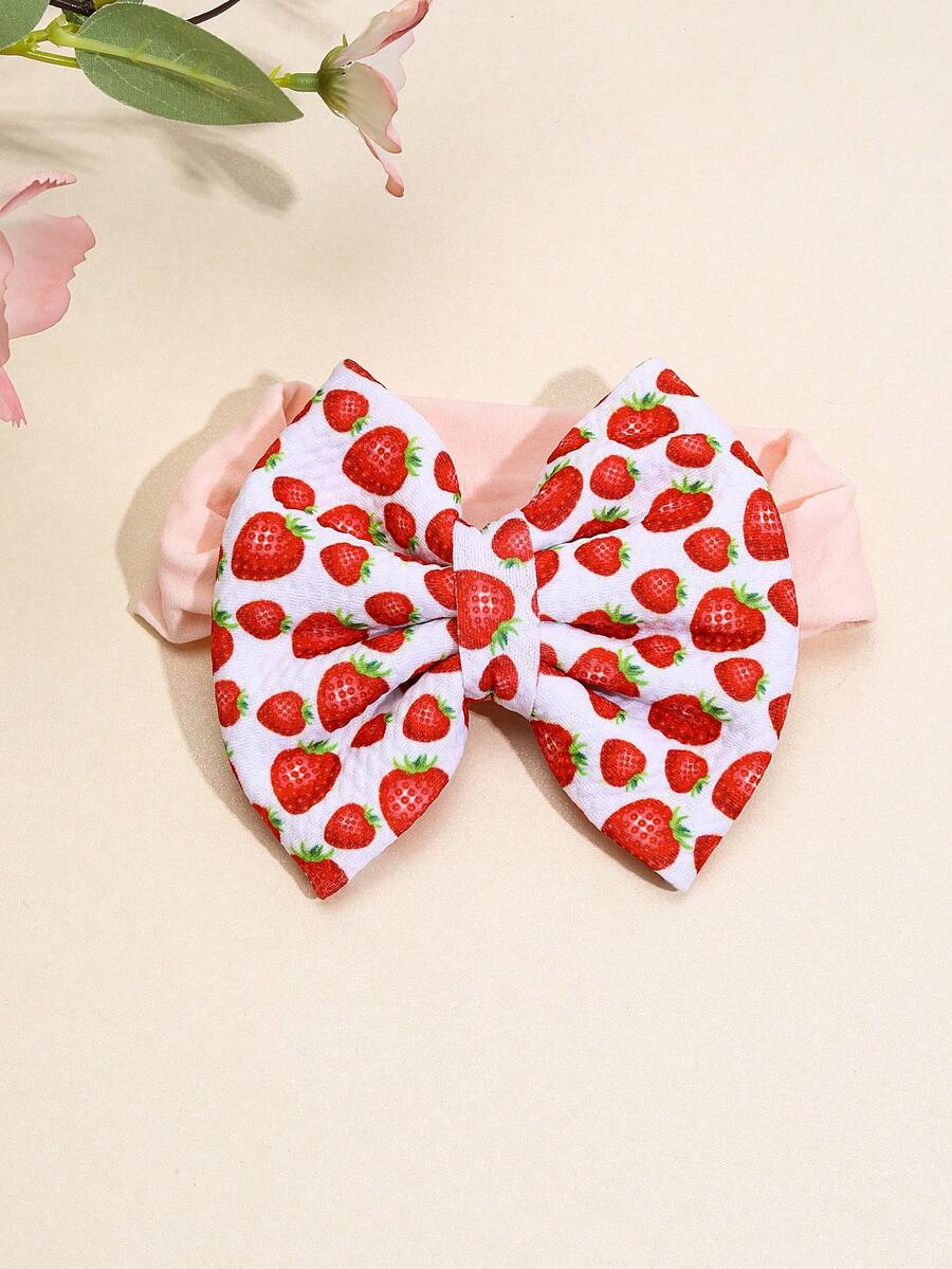 1個大蝴蝶結嬰兒頭帶,可愛的草莓圖案頭髮蝴蝶結,女孩子彈力頭帶,嬰兒髮飾。