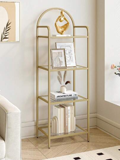 HEXCELEN 4-laags ladderplank Gehard glazen boekenkast Slanke plank voor slaapkamer Badkamer Thuiskantoor Stalen frame Goud 4-laags ladderplank Gehard glazen boekenkast Slanke plank voor slaapkamer Badkamer Thuiskantoor Stalen frame