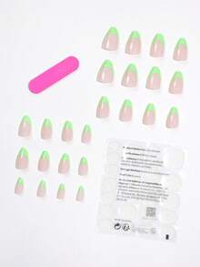 24入組修剪杏仁形螢光法式假指甲套裝，包含1支指甲檔和1支果凍膠 - 彩色 - 查看 3