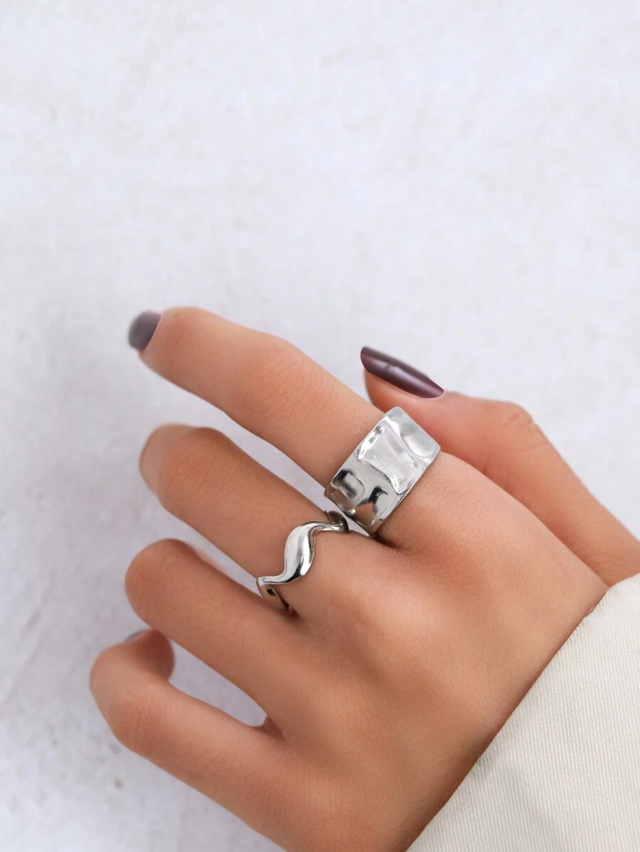 不銹鋼戒指復古優雅星星圖案時尚可調戀人開放式戒指女性珠寶情人節禮物 - 銀色 - 查看 1