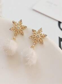 2pcs Cute And Sweet Snowflake Shaped Earrings With Rhinestone Decoration And Fluffy Pendant For Women, Perfect For Christmas Accessory - White - View 6