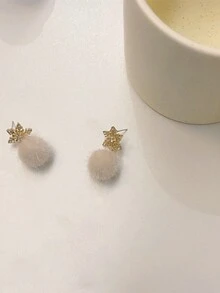 2pcs Cute And Sweet Snowflake Shaped Earrings With Rhinestone Decoration And Fluffy Pendant For Women, Perfect For Christmas Accessory - White - View 9
