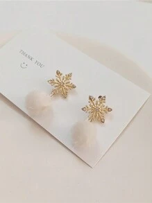 2pcs Cute And Sweet Snowflake Shaped Earrings With Rhinestone Decoration And Fluffy Pendant For Women, Perfect For Christmas Accessory - White - View 5