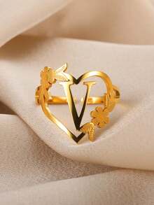1pc Fashionable Gold Stainless Steel Flower Shaped Open Ring With Letter, Heart For Ladies, Wedding, Jewelry, Valentine'S Day Gift - Gold - View 7