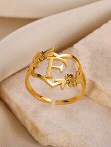 1pc Fashionable Gold Stainless Steel Flower Shaped Open Ring With Letter, Heart For Ladies, Wedding, Jewelry, Valentine'S Day Gift - Gold - View 10