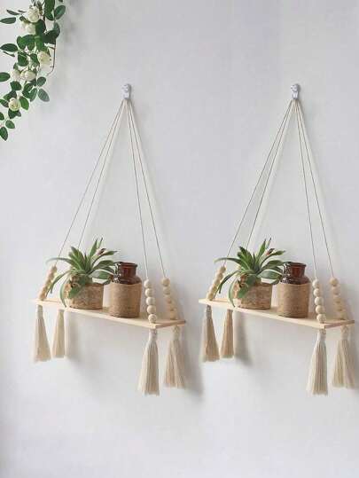 Macrame Wall Hanging Shelf - Boho Wood Wall Shelves With Wood Beads, Farmhouse Floating Shelf Rustic Hanging Plant Shelf For Bedroom Living Room Preppy Room Nursery Decor,Home Decor ,Room Decor,Wall Decor Gifts Birthday Graduation