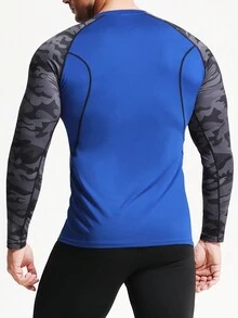 速乾男士迷彩運動衫-輕盈透氣長袖緊身t恤,適用於戶外活動、健身房和跑步,馬拉松,籃球。 - 藍色 - 查看 2