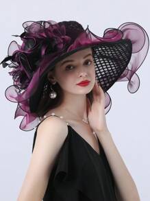 HIMESPORT 紫色格子歐根紗迷人帽子女式茶會禮服帽子女士優雅大寬邊軟呢肯塔基德比帽帶羽毛