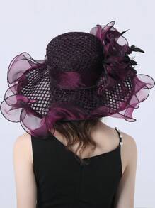 HIMESPORT 紫色格子歐根紗迷人帽子女式茶會禮服帽子女士優雅大寬邊軟呢肯塔基德比帽帶羽毛