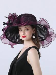 HIMESPORT 紫色格子歐根紗迷人帽子女式茶會禮服帽子女士優雅大寬邊軟呢肯塔基德比帽帶羽毛