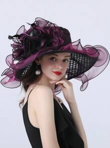 HIMESPORT 紫色格子歐根紗迷人帽子女式茶會禮服帽子女士優雅大寬邊軟呢肯塔基德比帽帶羽毛