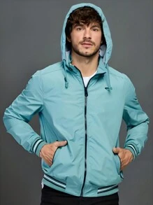 時尚男士可拆式連帽薄防水外套,帶口袋和拉鍊 - 藍色 - 查看 3