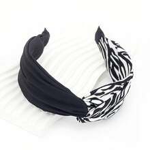 1 件黑白女豹紋和條紋設計交叉結寬髮帶,復古簡約風格,適合戶外佩戴 - 黑與白 - 查看 2