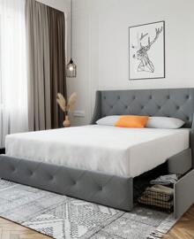 SHA CERLIN Upholstered Platform Bed Frame with 4 Storage Drawers and Wingback Headboard, Diamond Stitched Button Tufted Design, No Box Spring Needed, Grey